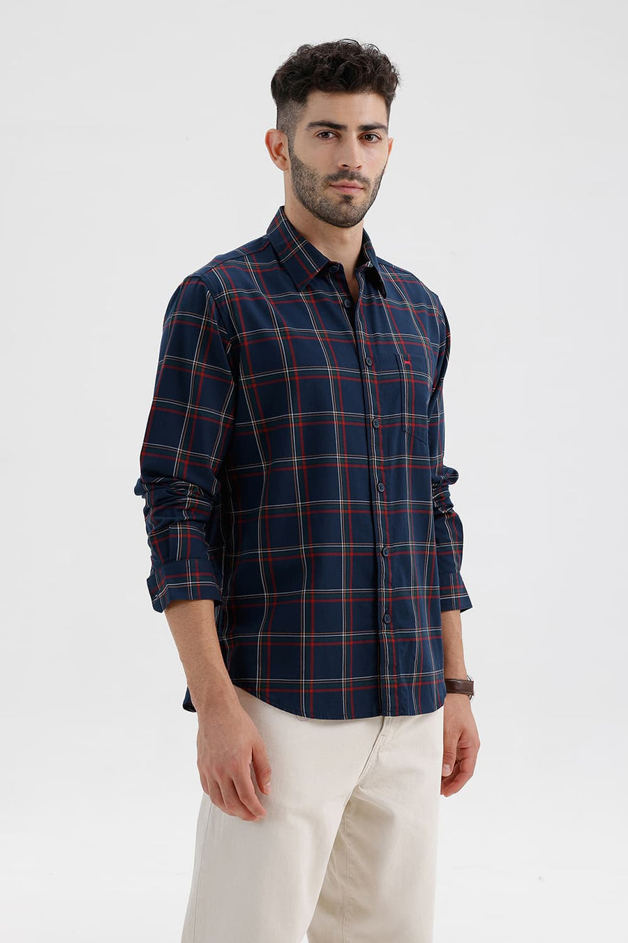 BASICS SLIM FIT MAJOLICA NAVY COTTON HERRING BONE CHECKS SHIRT