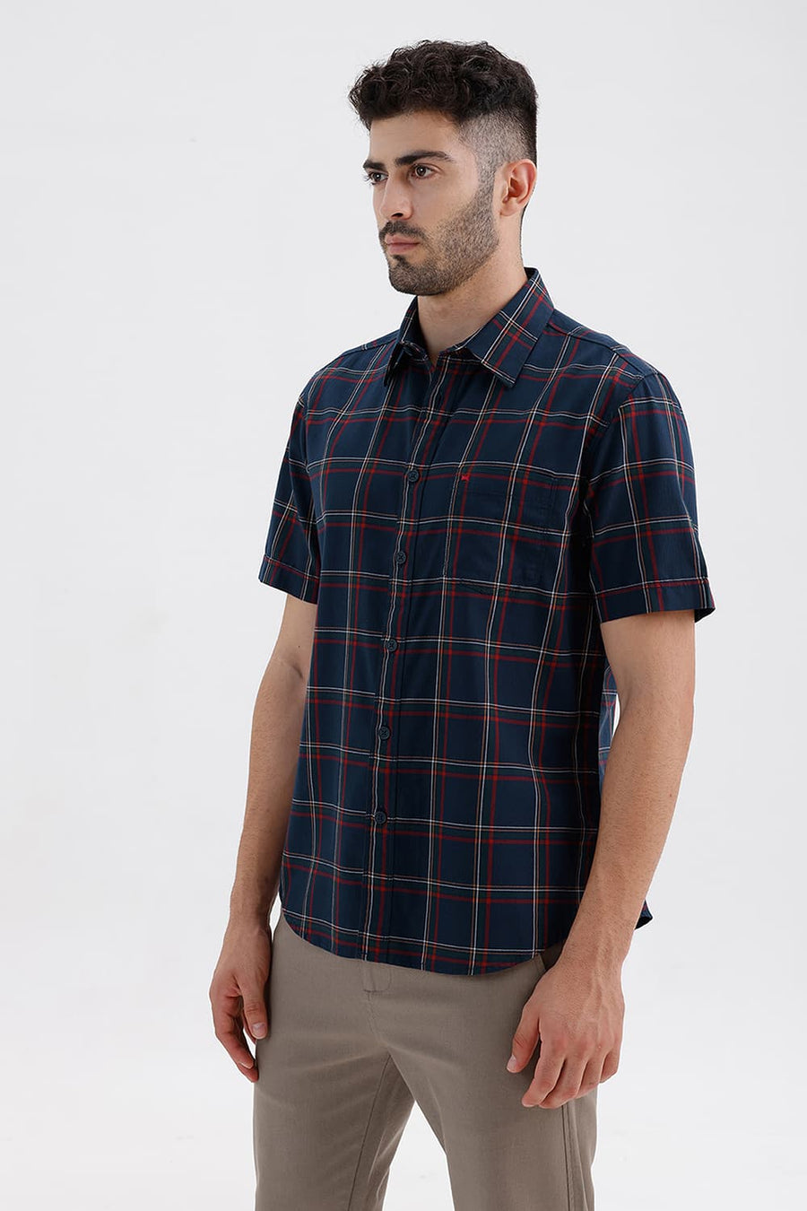 BASICS SLIM FIT MAJOLICA NAVY COTTON HERRING BONE CHECKS HALFSLEEVES SHIRT