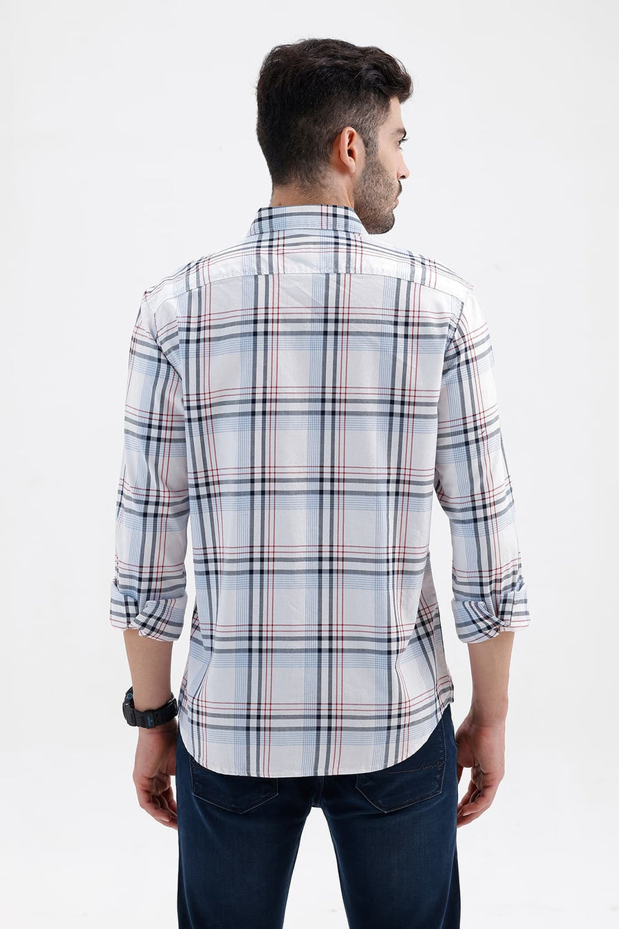 BASICS SLIM FIT CLOUD WHITE COTTON TWILL CHECKS SHIRT