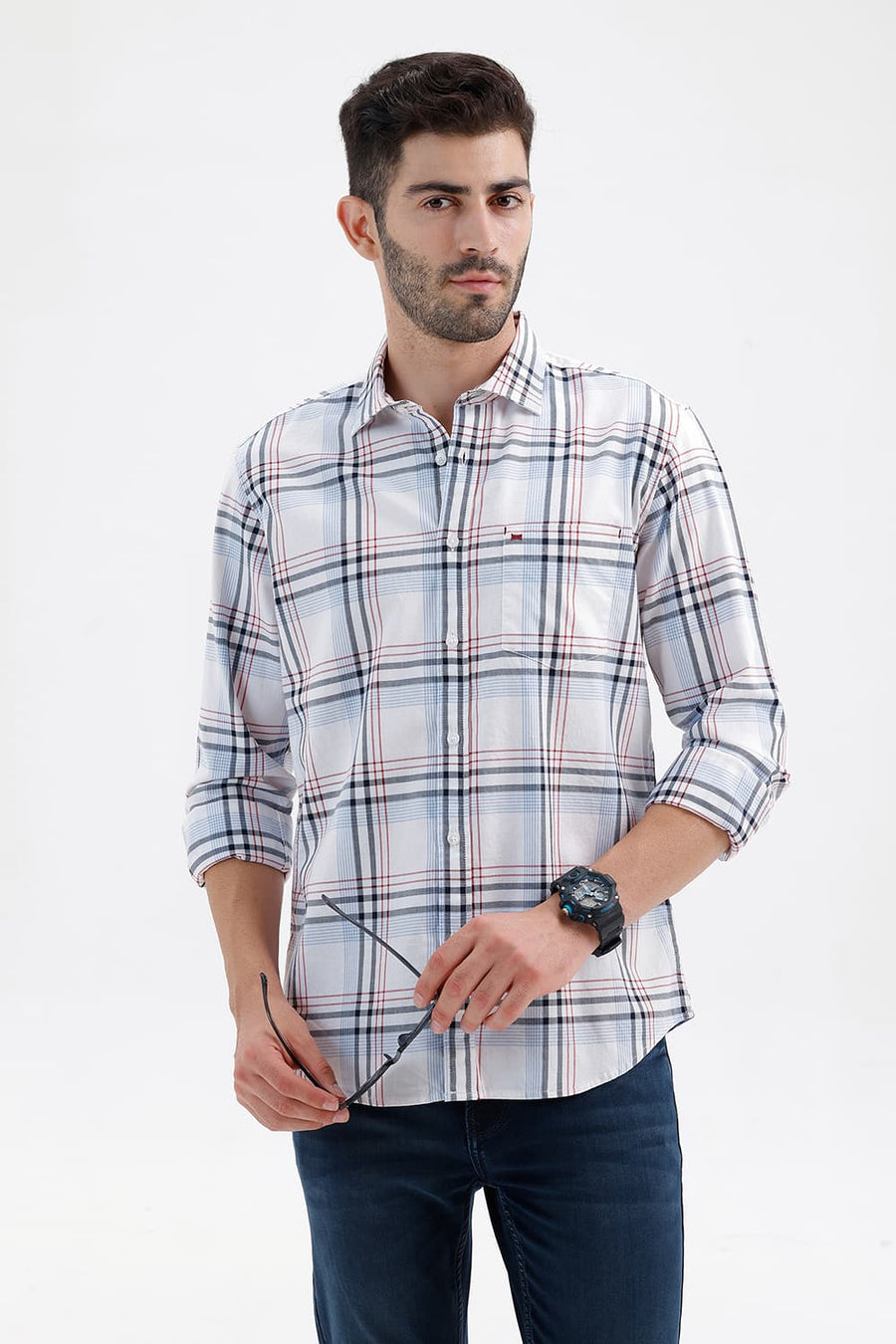 BASICS SLIM FIT CLOUD WHITE COTTON TWILL CHECKS SHIRT