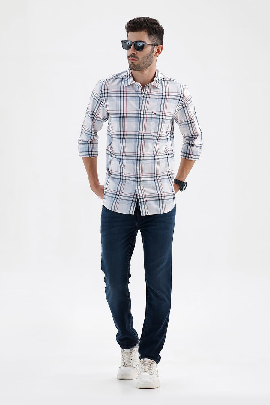 BASICS SLIM FIT CLOUD WHITE COTTON TWILL CHECKS SHIRT