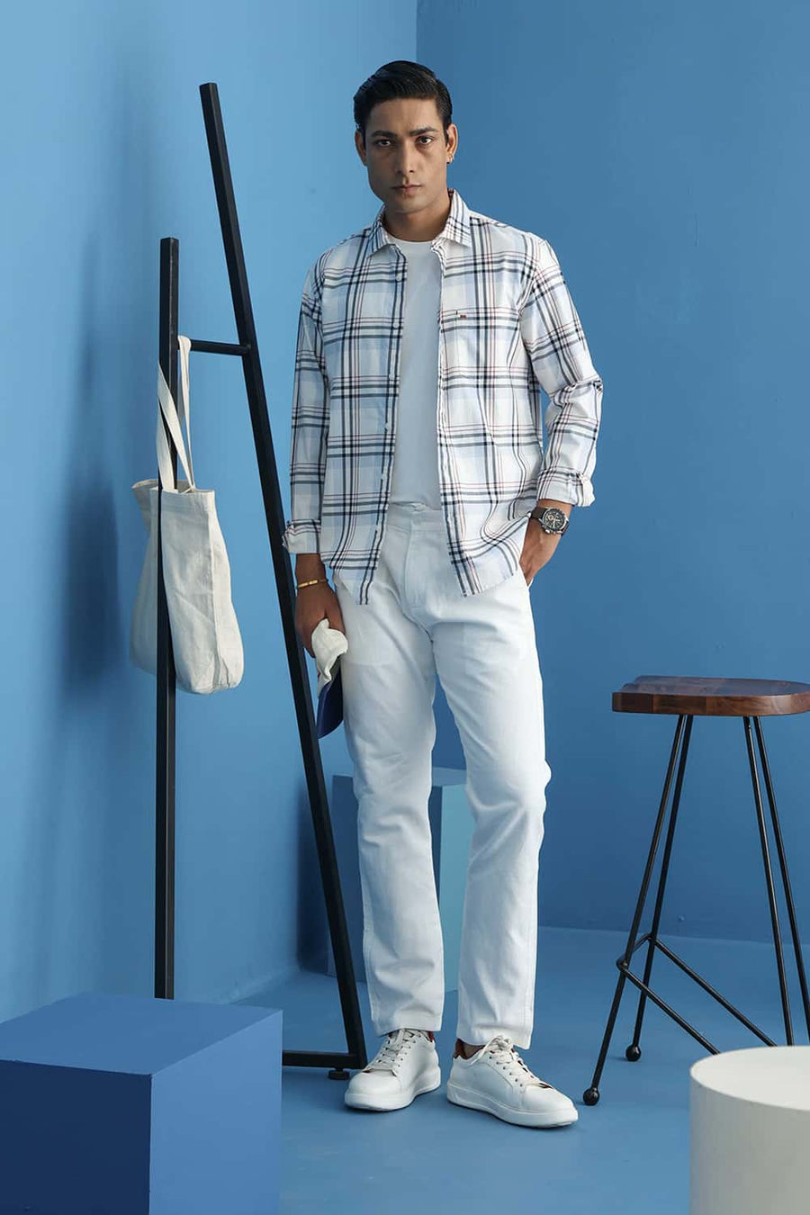 Basics Slim Fit Cloud White Cotton Twill Checks Shirt