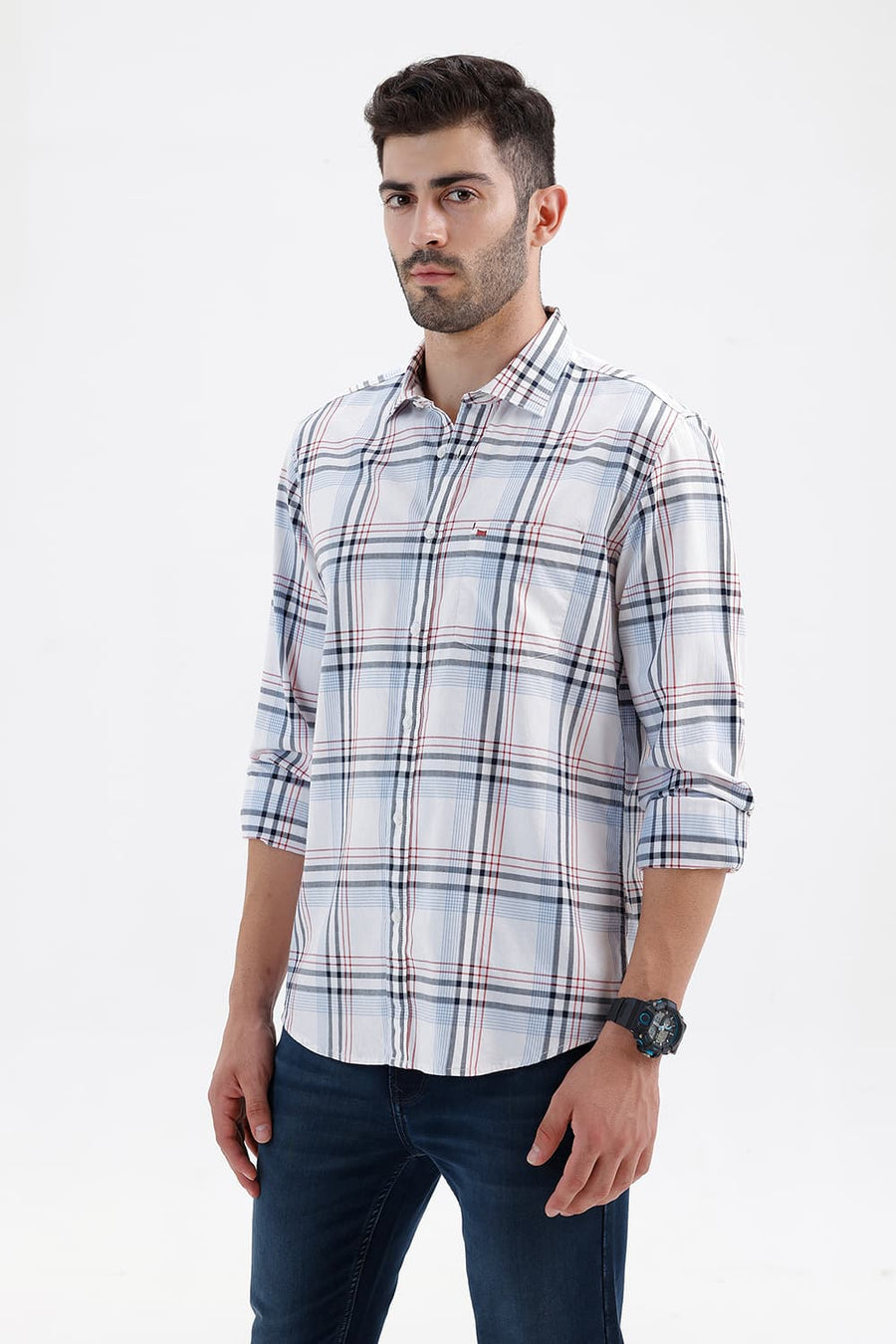 BASICS SLIM FIT CLOUD WHITE COTTON TWILL CHECKS SHIRT