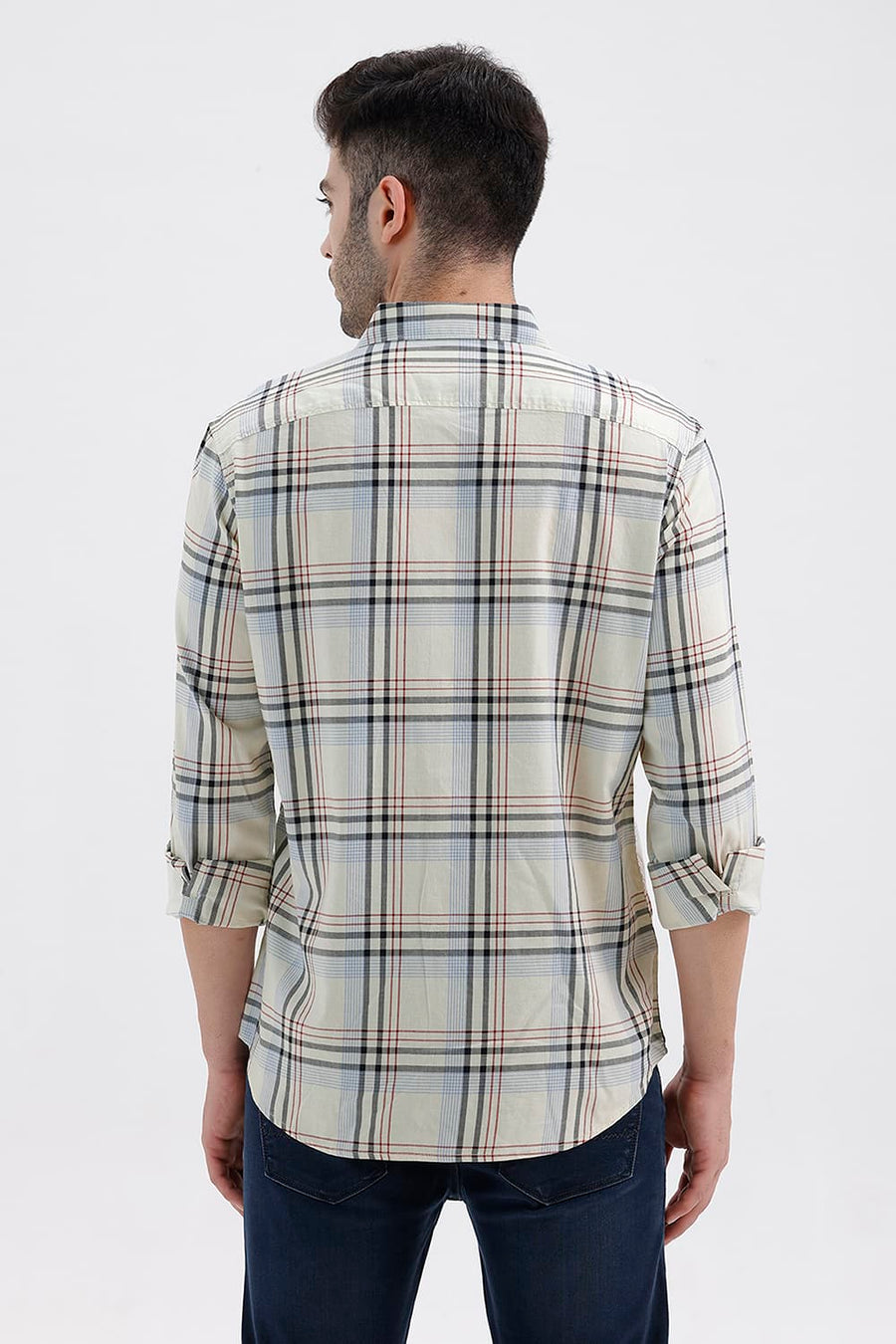 BASICS SLIM FIT GLASS YELLOW COTTON TWILL CHECKS SHIRT