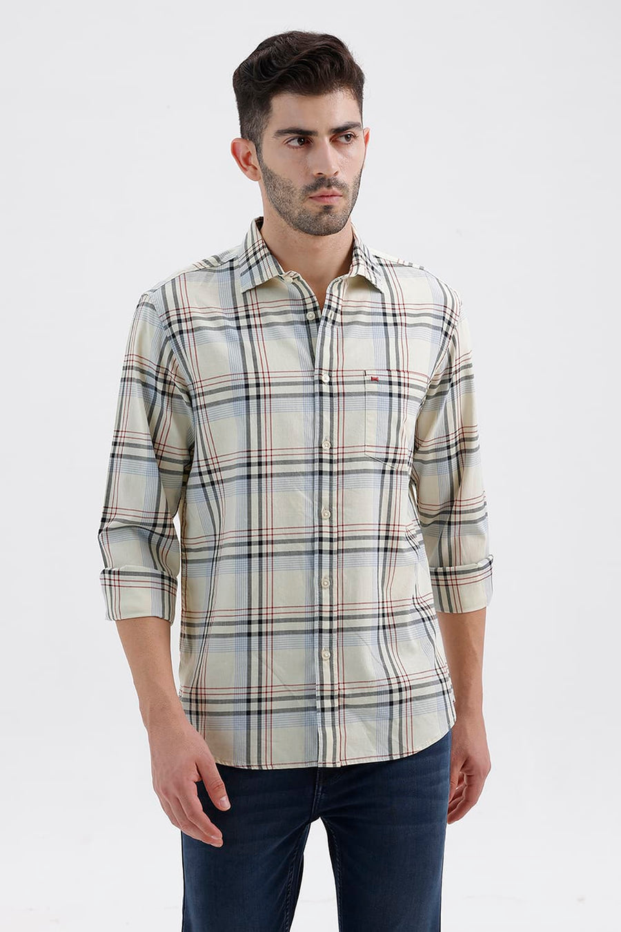 BASICS SLIM FIT GLASS YELLOW COTTON TWILL CHECKS SHIRT