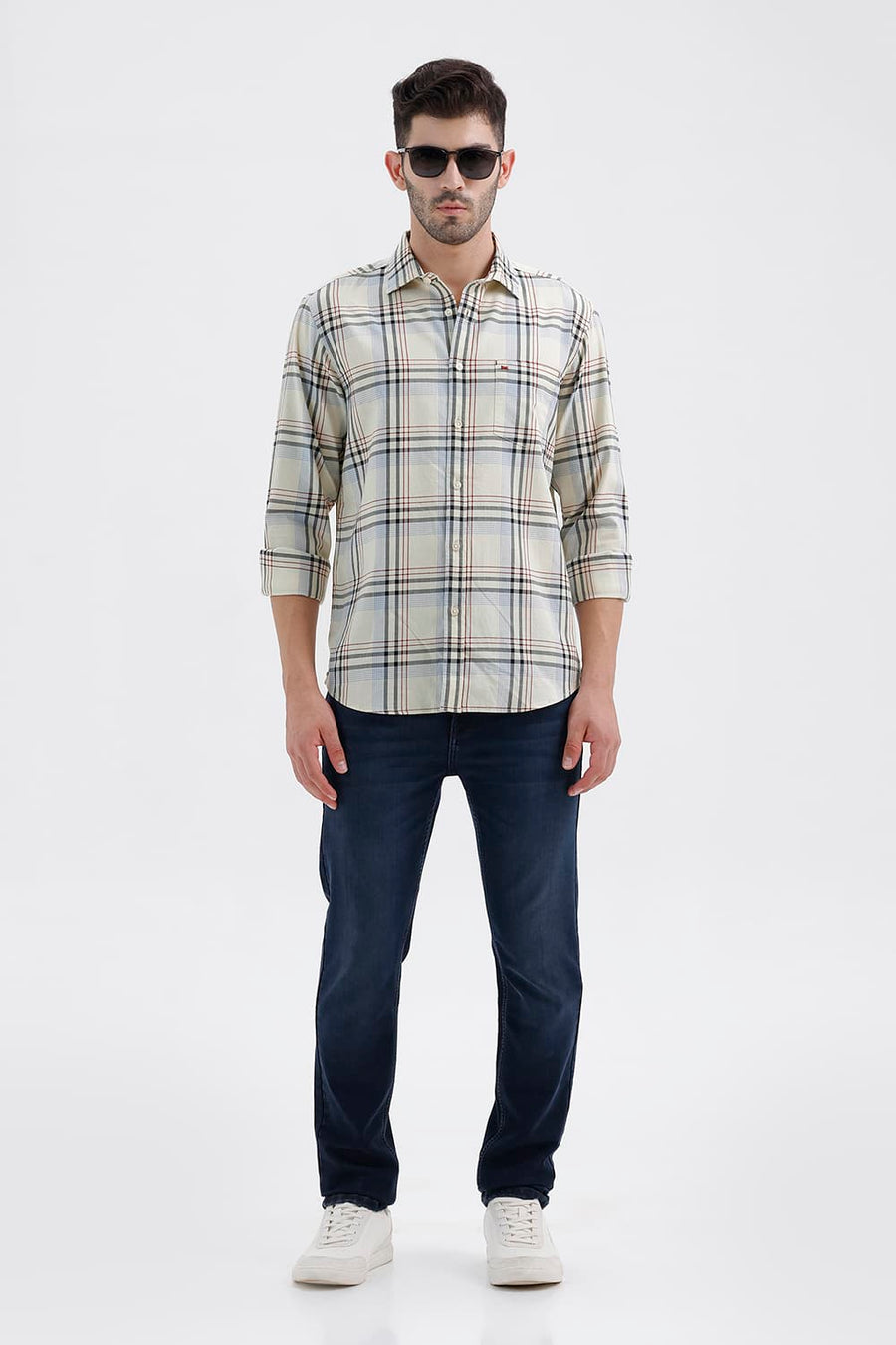 BASICS SLIM FIT GLASS YELLOW COTTON TWILL CHECKS SHIRT