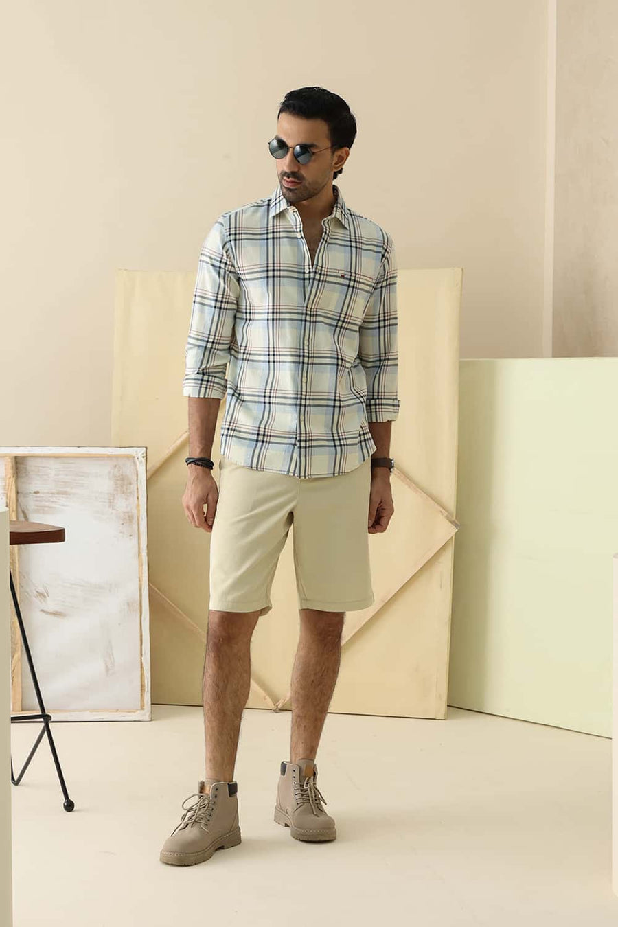 Basics Slim Fit Glass Yellow Cotton Twill Checks Shirt