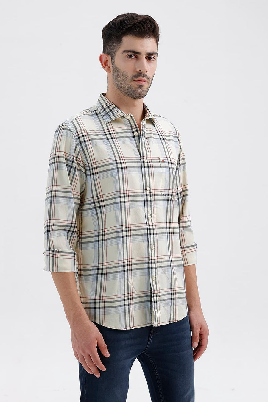 BASICS SLIM FIT GLASS YELLOW COTTON TWILL CHECKS SHIRT