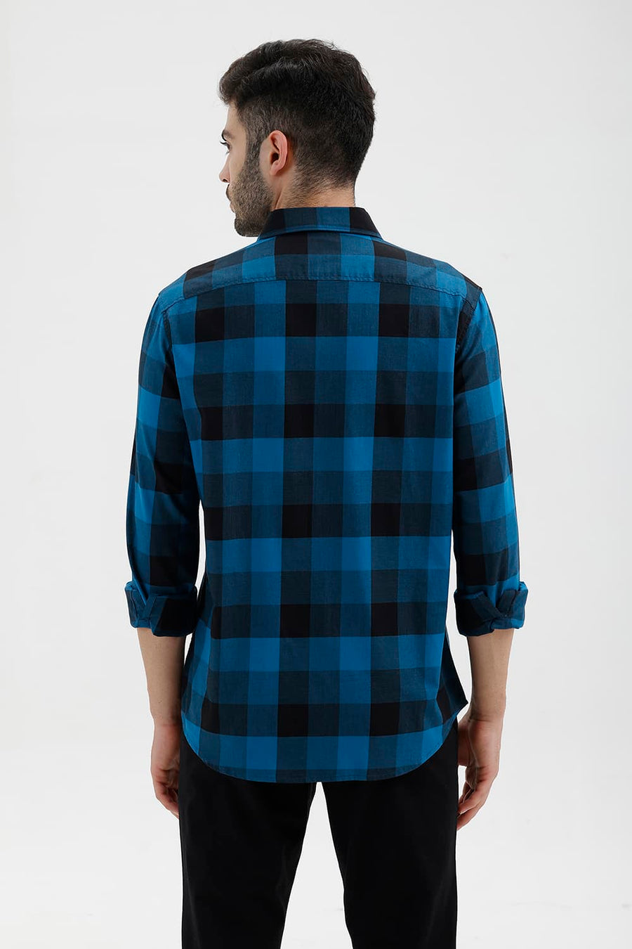 BASICS SLIM FIT MOROCCAN BLUE COTTON TWILL CHECKS SHIRT