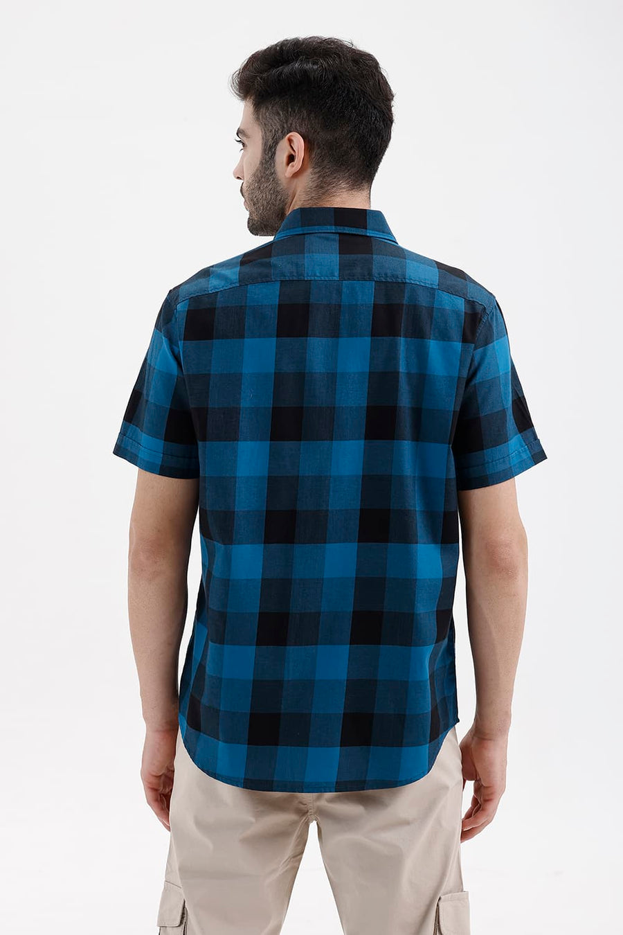 BASICS SLIM FIT MOROCCAN BLUE COTTON TWILL CHECKS HALFSLEEVES SHIRT
