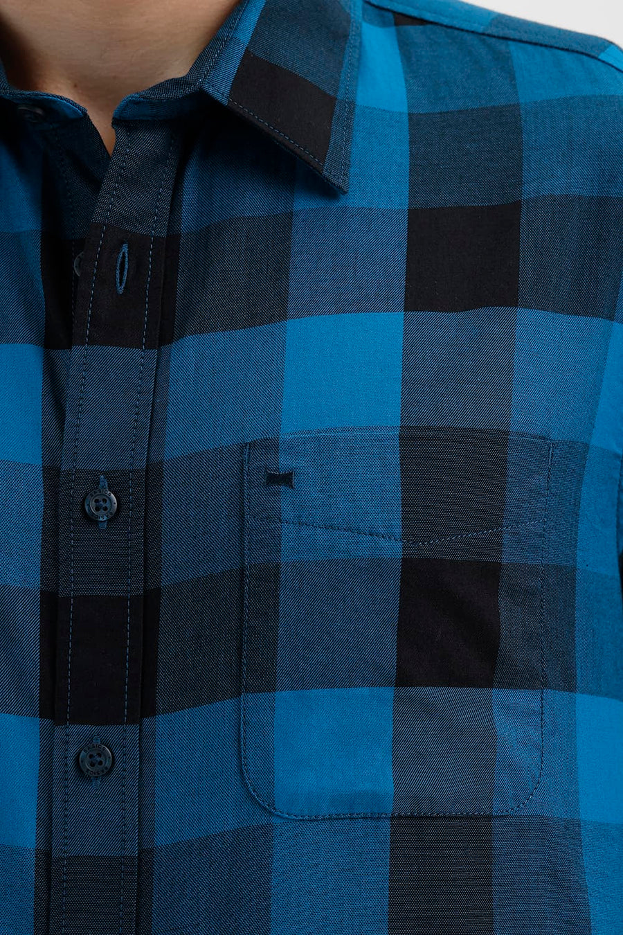 BASICS SLIM FIT MOROCCAN BLUE COTTON TWILL CHECKS SHIRT