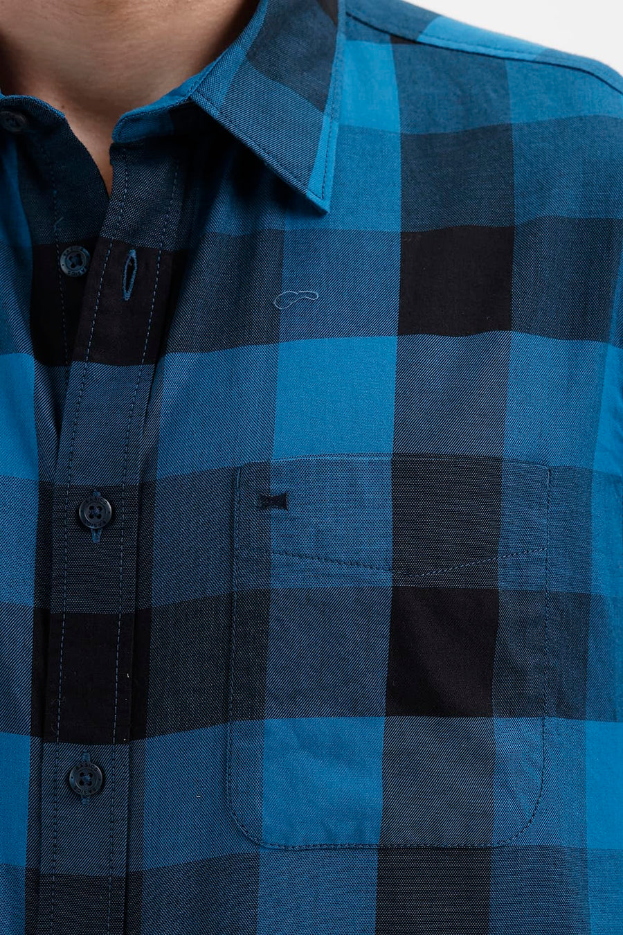 BASICS SLIM FIT MOROCCAN BLUE COTTON TWILL CHECKS HALFSLEEVES SHIRT