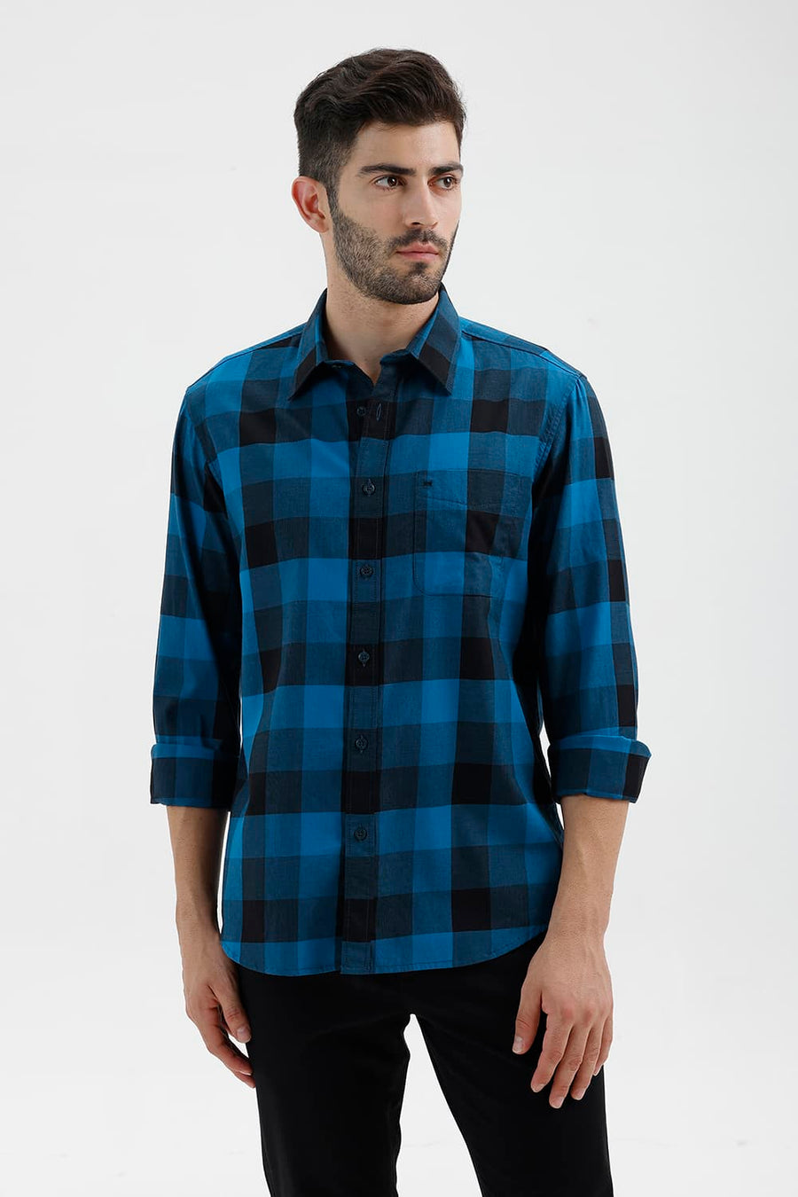 BASICS SLIM FIT MOROCCAN BLUE COTTON TWILL CHECKS SHIRT