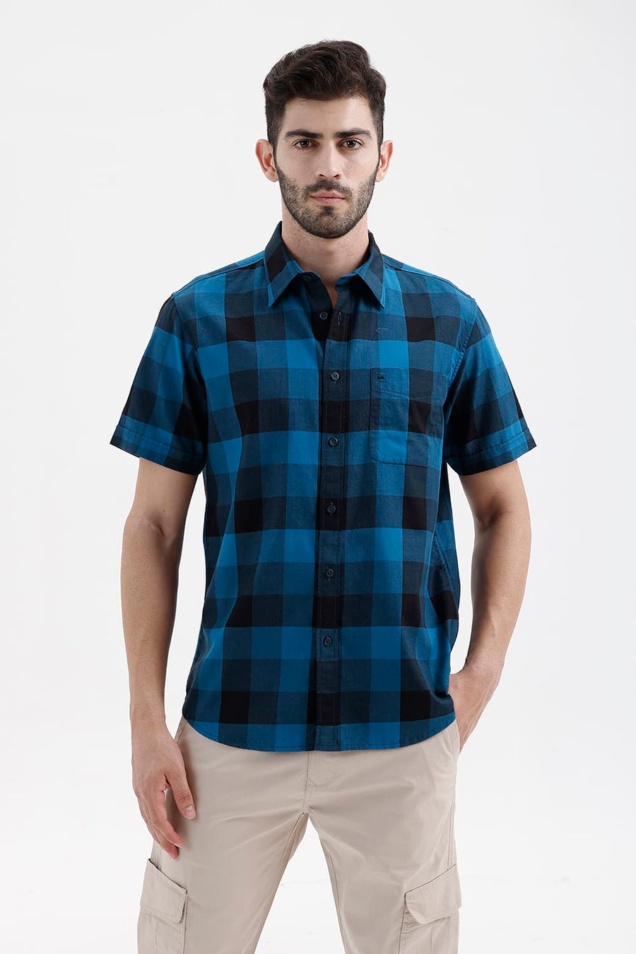 BASICS SLIM FIT MOROCCAN BLUE COTTON TWILL CHECKS HALFSLEEVES SHIRT