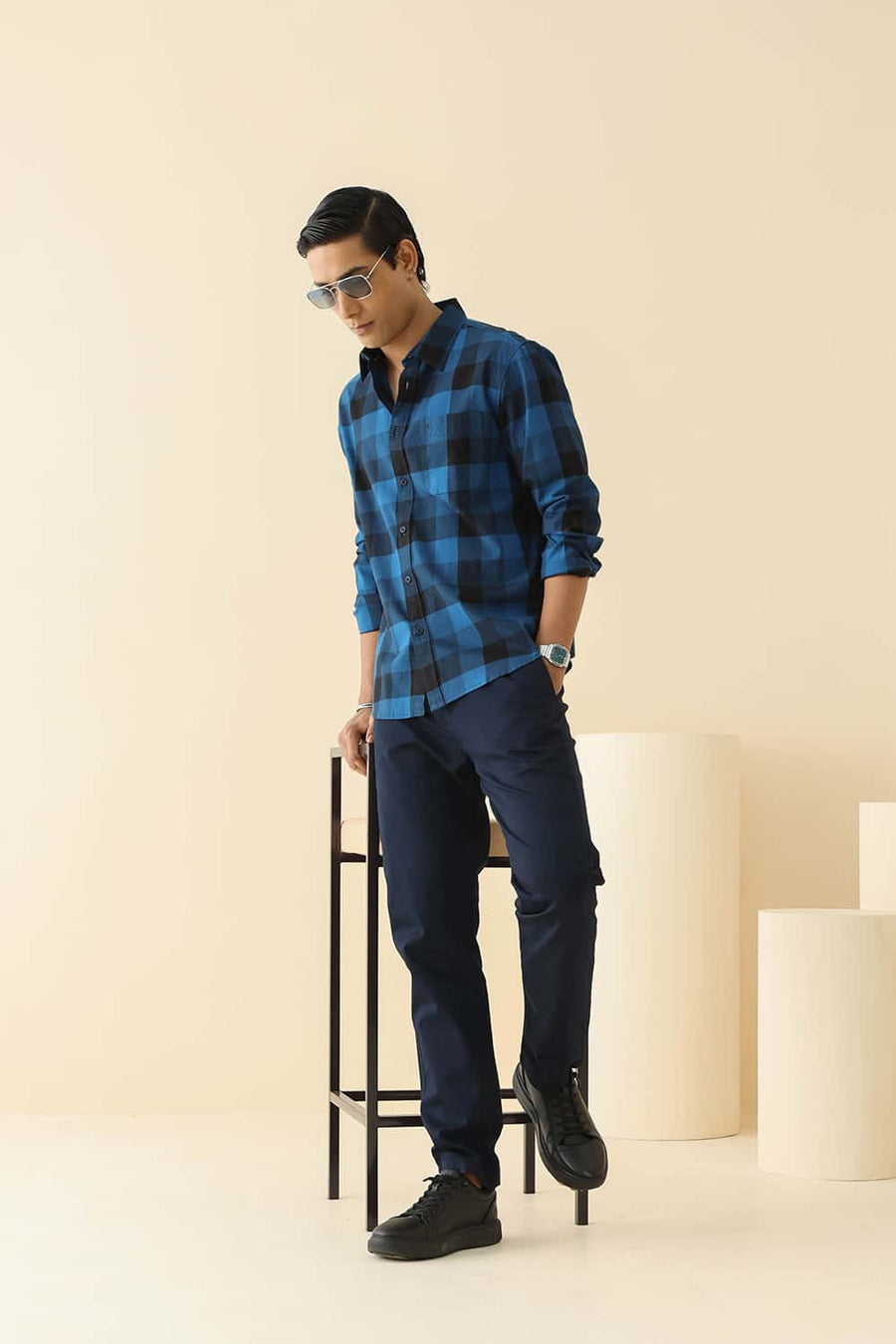 Basics Slim Fit Moroccan Blue Cotton Twill Checks Shirt