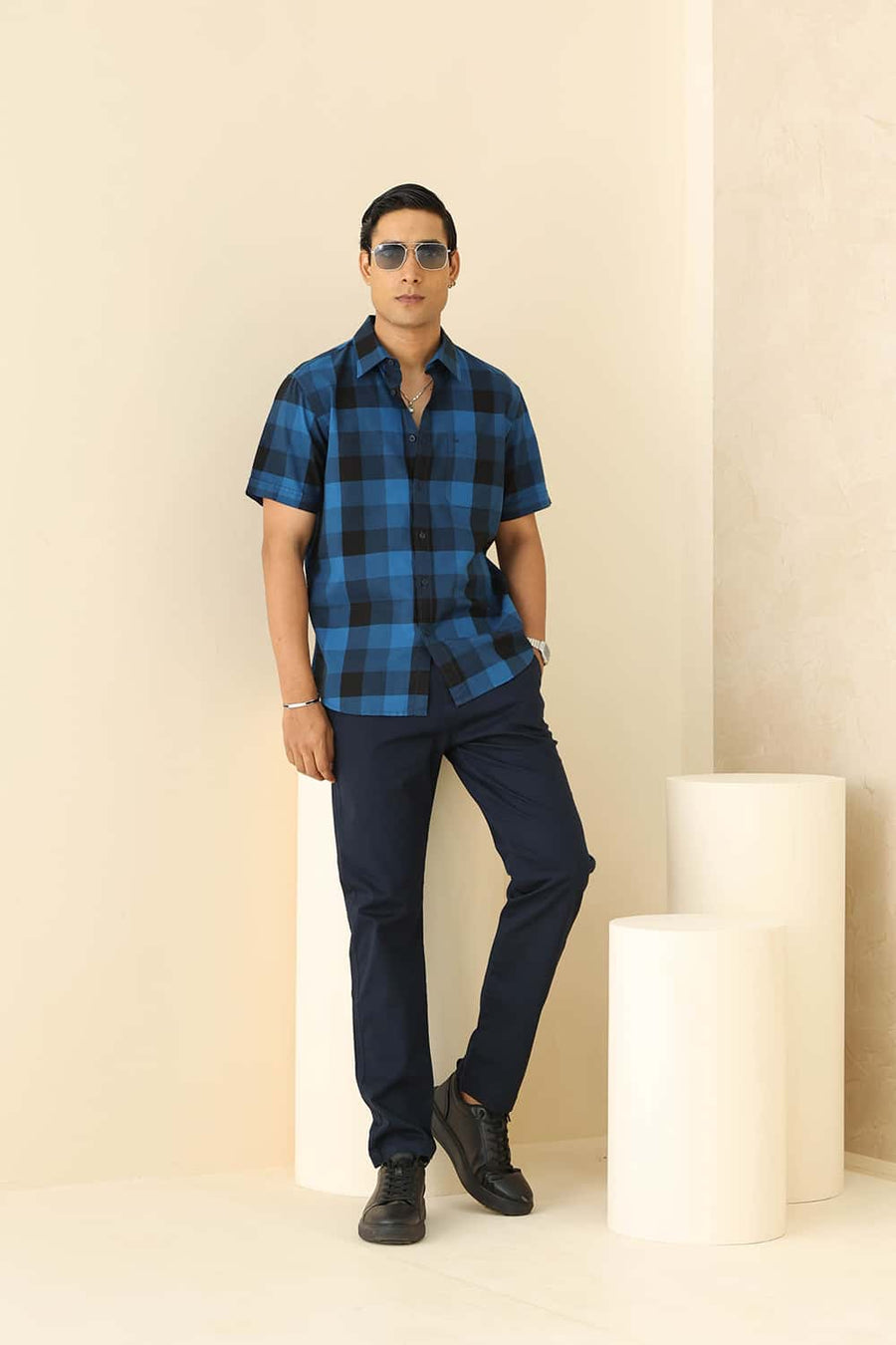 Basics Slim Fit Moroccan Blue Cotton Twill Checks Halfsleeves Shirt