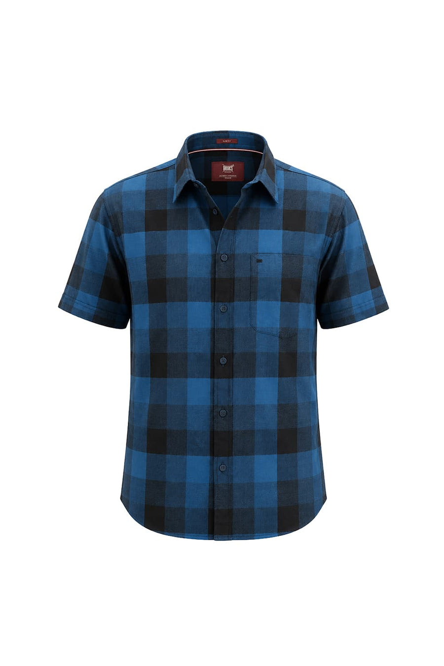 BASICS SLIM FIT MOROCCAN BLUE COTTON TWILL CHECKS HALFSLEEVES SHIRT