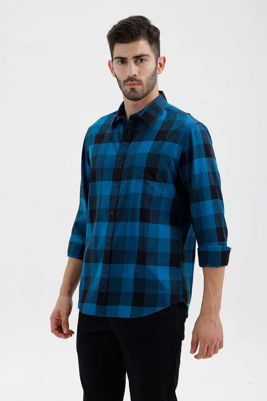 BASICS SLIM FIT MOROCCAN BLUE COTTON TWILL CHECKS SHIRT