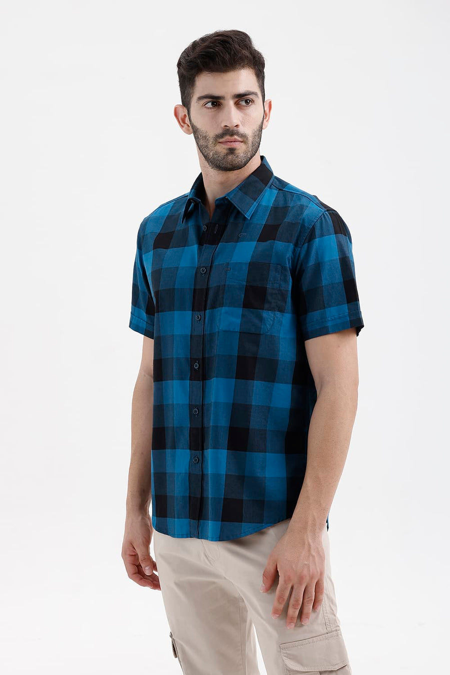 BASICS SLIM FIT MOROCCAN BLUE COTTON TWILL CHECKS HALFSLEEVES SHIRT