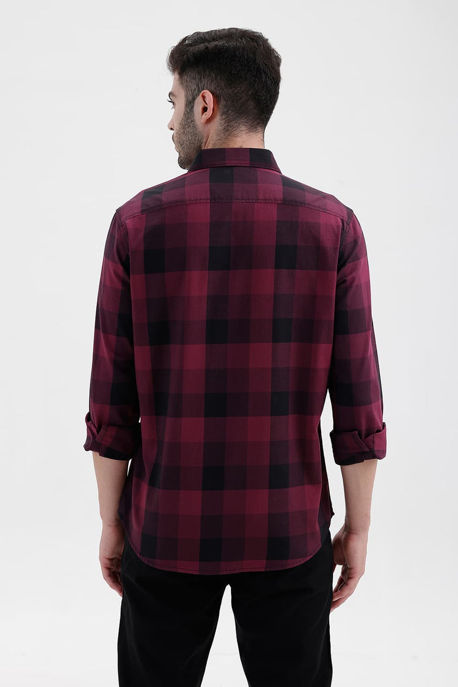 BASICS SLIM FIT GRAPE WINE COTTON TWILL CHECKS SHIRT