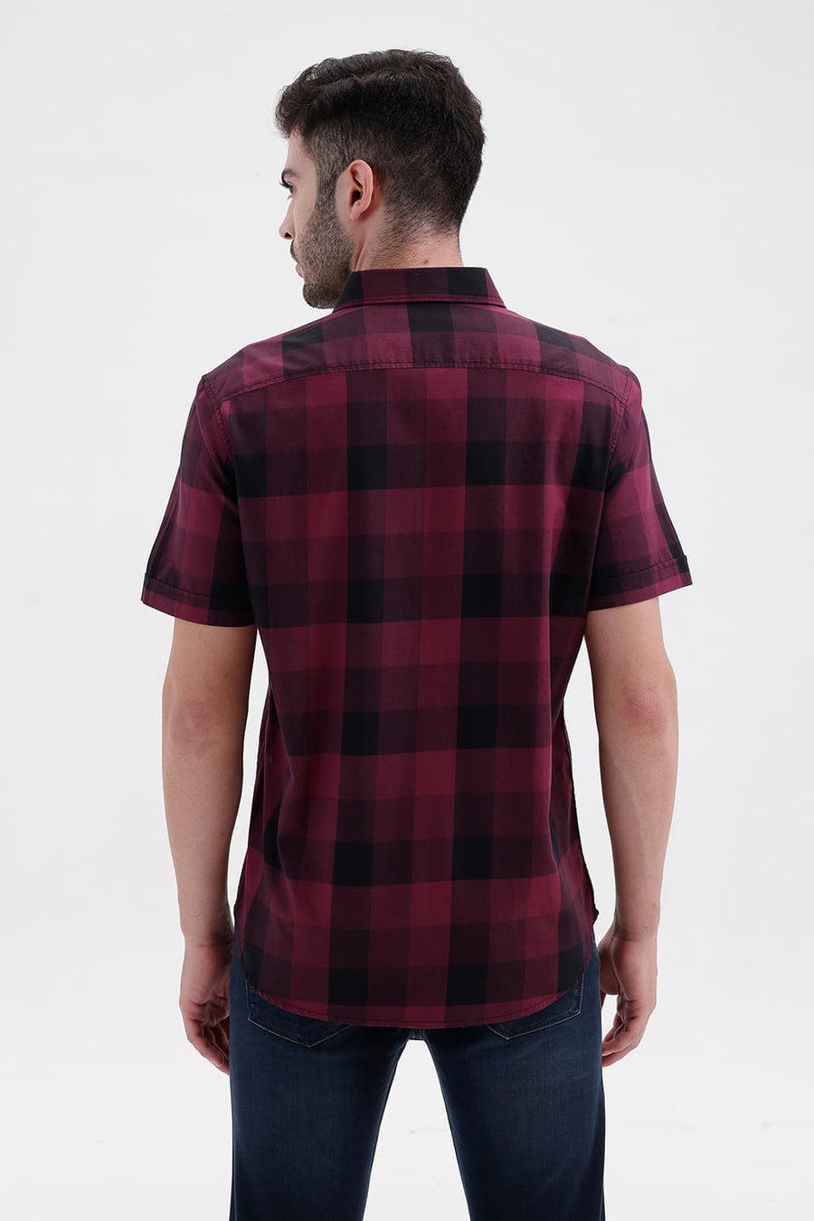 BASICS SLIM FIT GRAPE WINE COTTON TWILL CHECKS HALFSLEEVES SHIRT