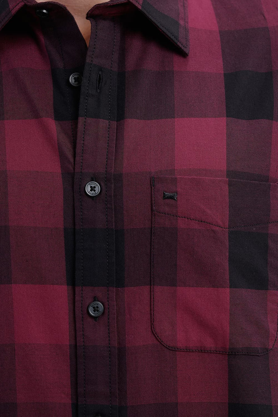 BASICS SLIM FIT GRAPE WINE COTTON TWILL CHECKS SHIRT