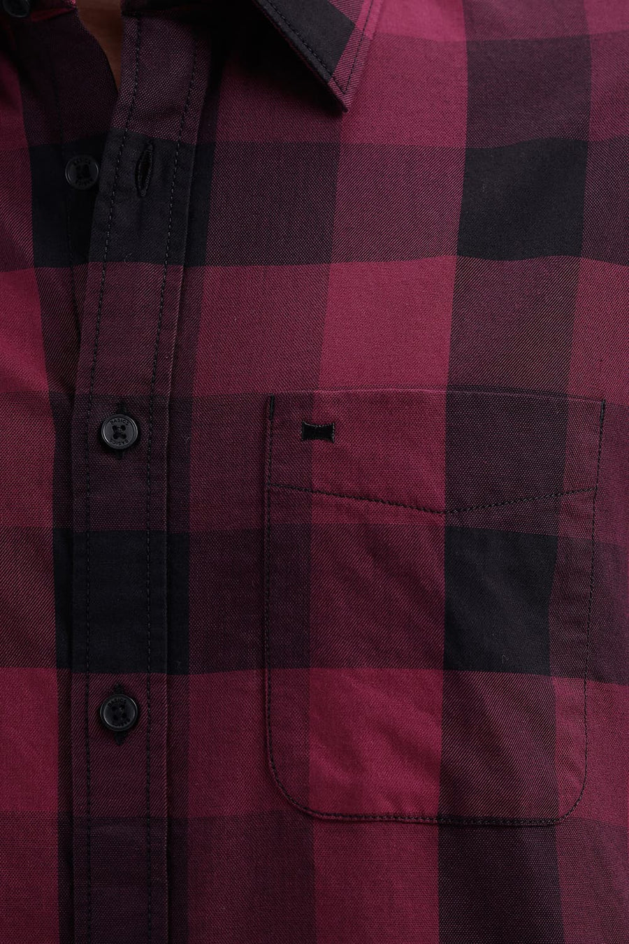 BASICS SLIM FIT GRAPE WINE COTTON TWILL CHECKS HALFSLEEVES SHIRT