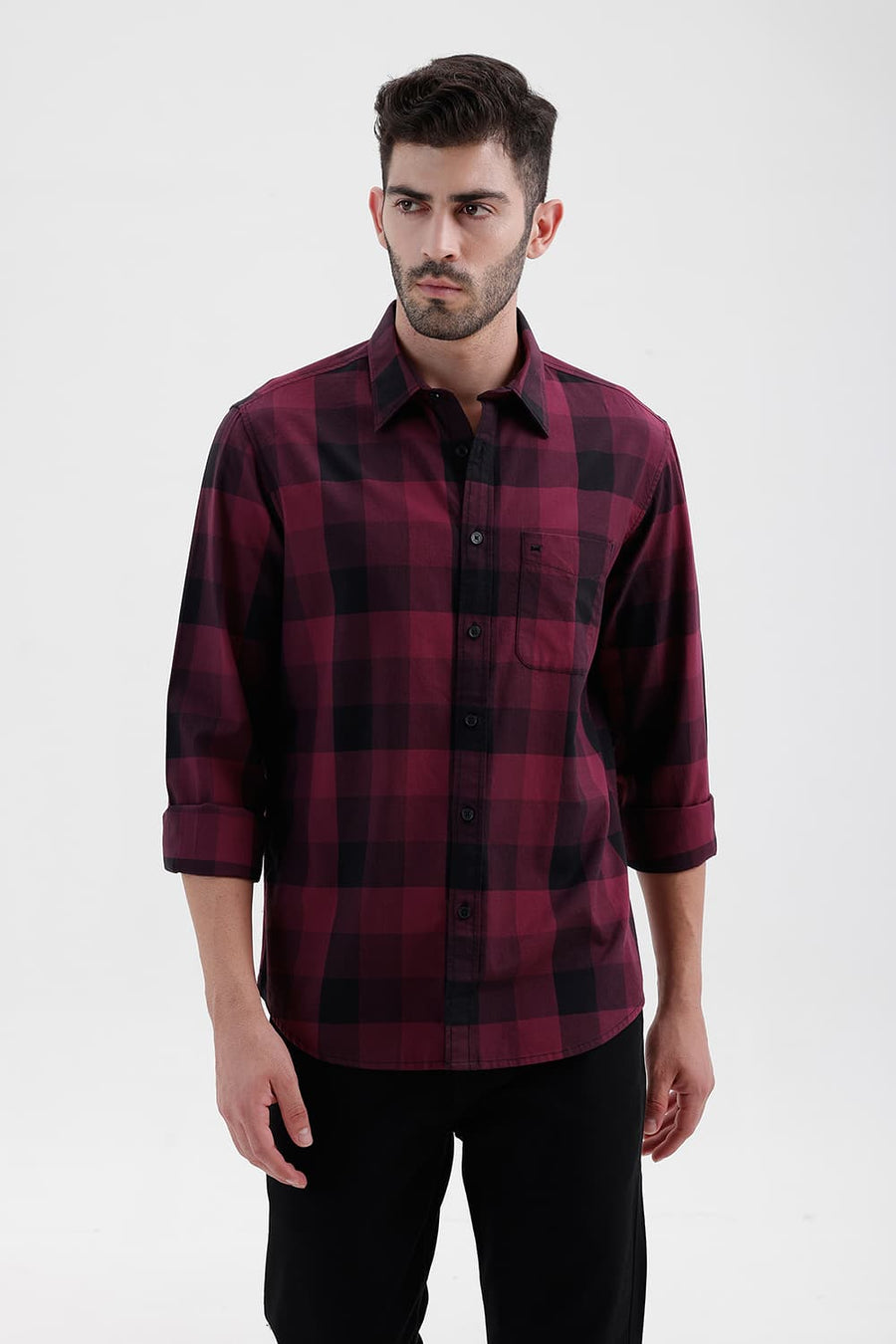 BASICS SLIM FIT GRAPE WINE COTTON TWILL CHECKS SHIRT