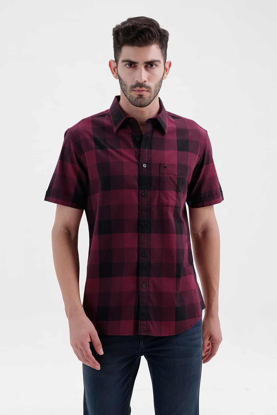 BASICS SLIM FIT GRAPE WINE COTTON TWILL CHECKS HALFSLEEVES SHIRT