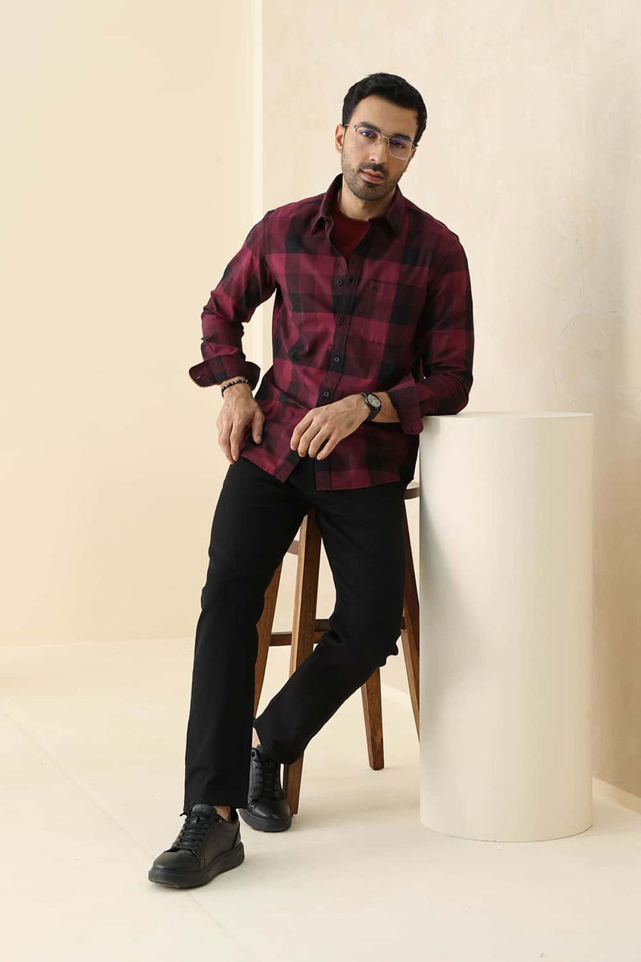 Basics Slim Fit Grape Wine Cotton Twill Checks Shirt