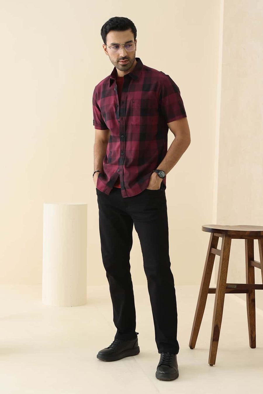 Basics Slim Fit Grape Wine Cotton Twill Checks Halfsleeves Shirt