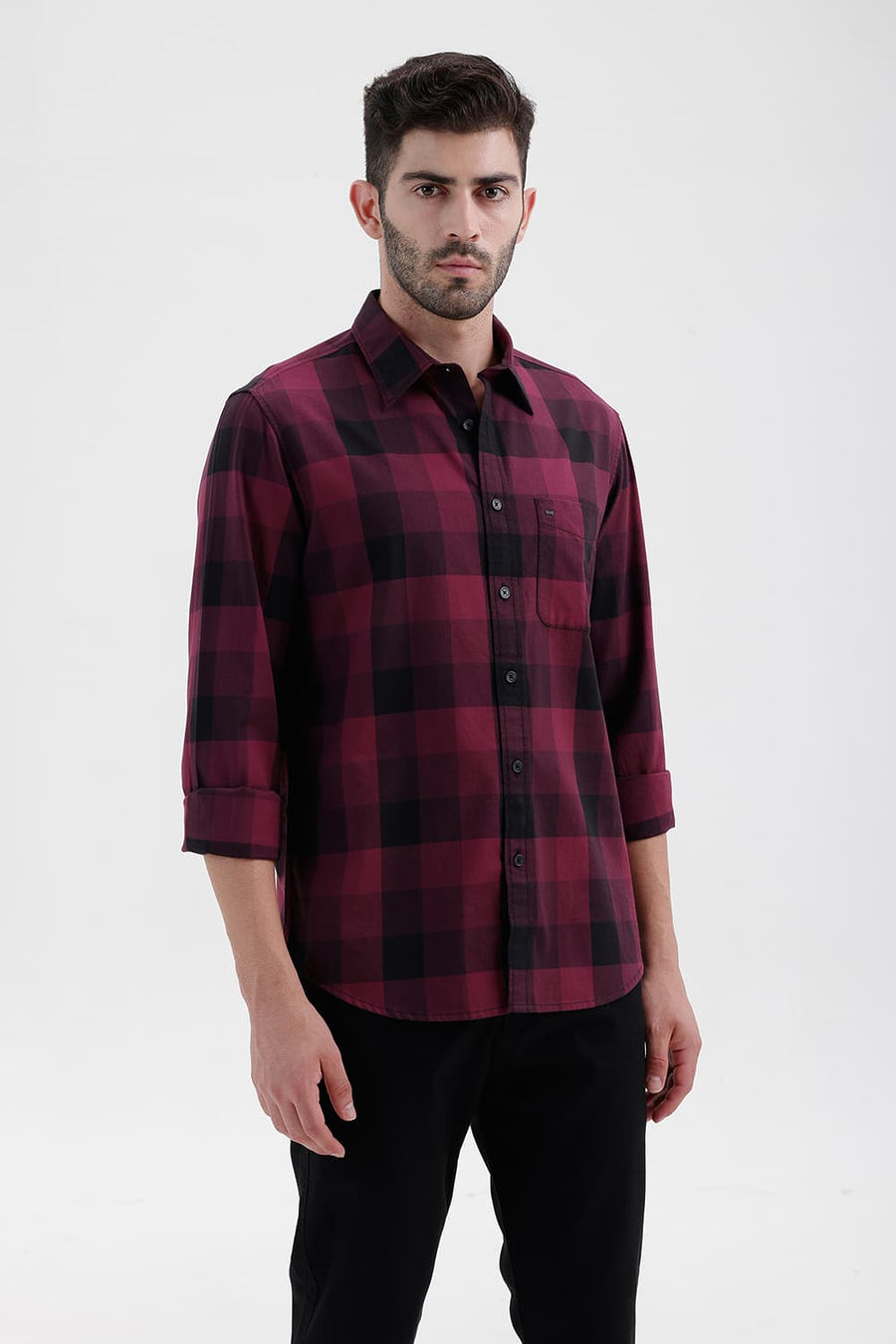 BASICS SLIM FIT GRAPE WINE COTTON TWILL CHECKS SHIRT