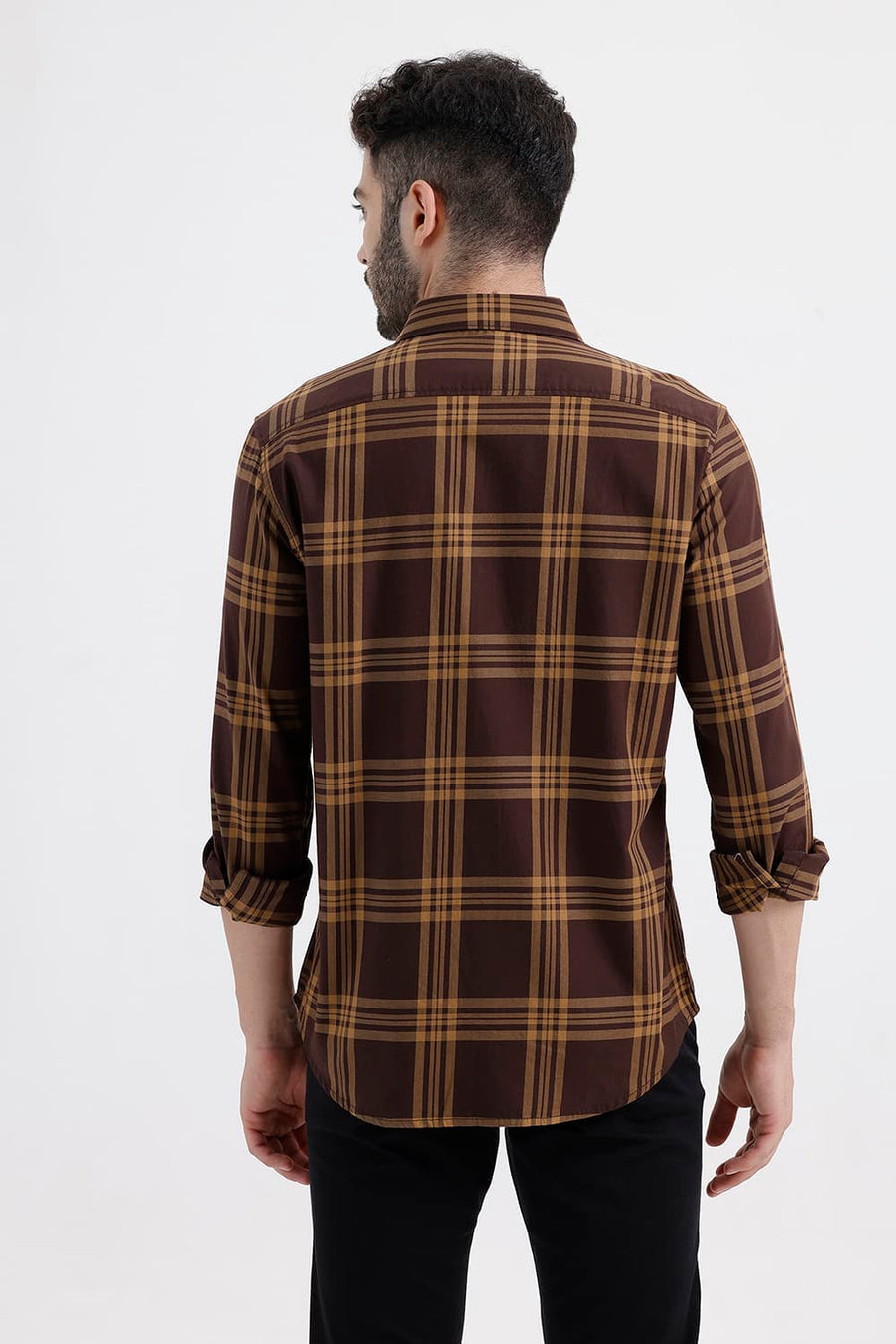 BASICS SLIM FIT ROAST BROWN COTTON TWILL CHECKS SHIRT