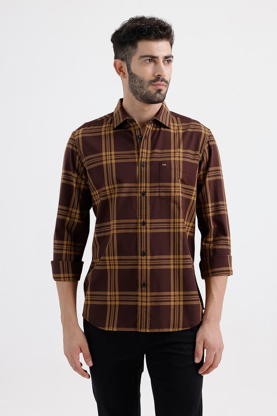 BASICS SLIM FIT ROAST BROWN COTTON TWILL CHECKS SHIRT
