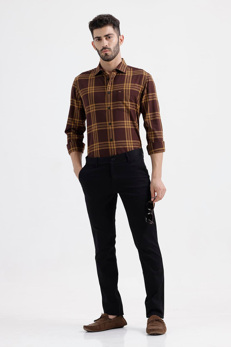 BASICS SLIM FIT ROAST BROWN COTTON TWILL CHECKS SHIRT