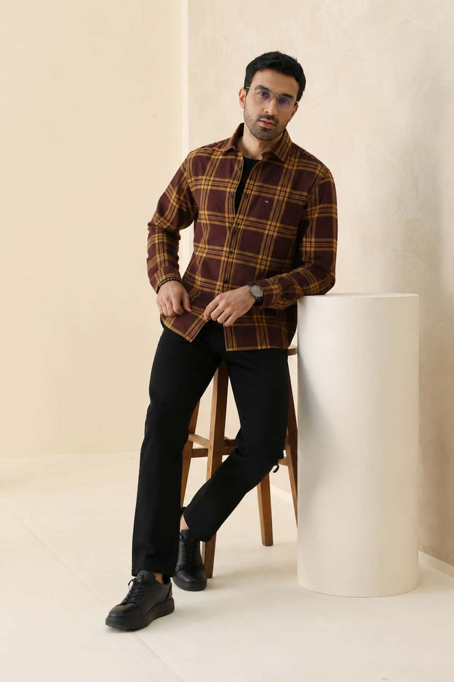 Basics Slim Fit Roast Brown Cotton Twill Checks Shirt