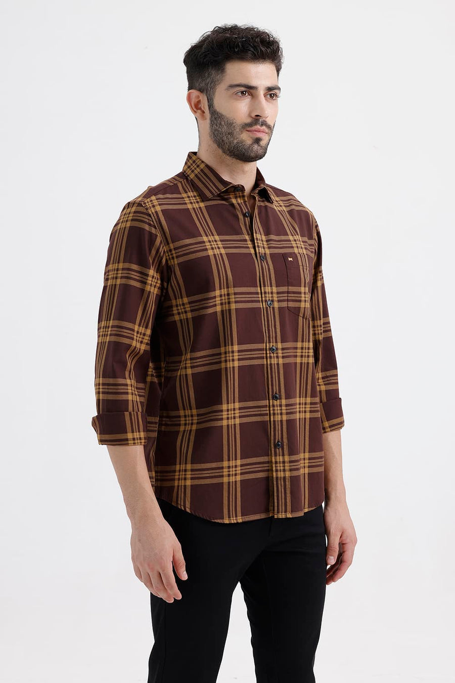 BASICS SLIM FIT ROAST BROWN COTTON TWILL CHECKS SHIRT