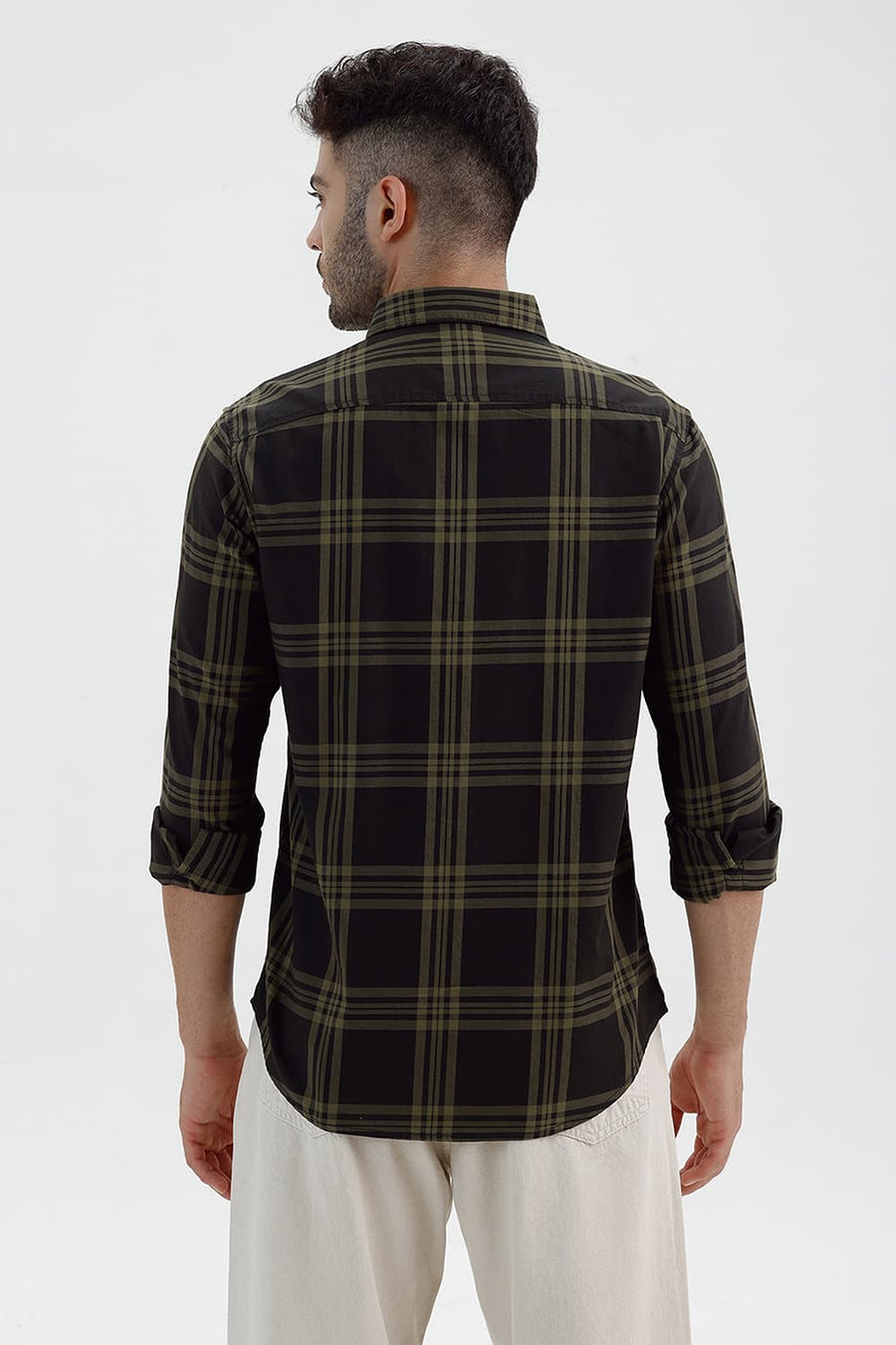 BASICS SLIM FIT PEAT GREEN COTTON TWILL CHECKS SHIRT