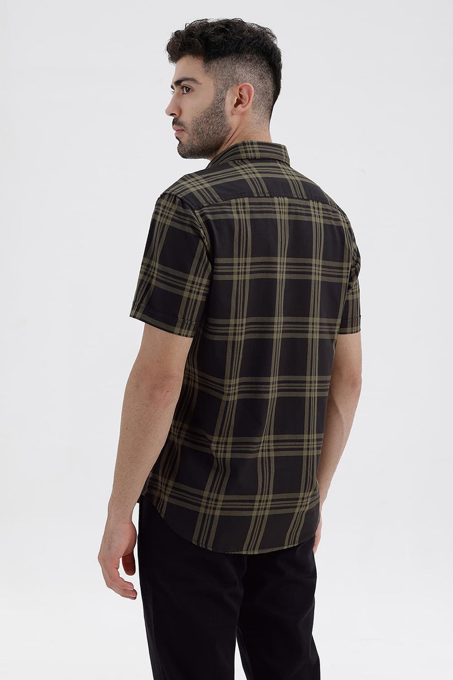 BASICS SLIM FIT PEAT GREEN COTTON TWILL CHECKS HALFSLEEVES SHIRT