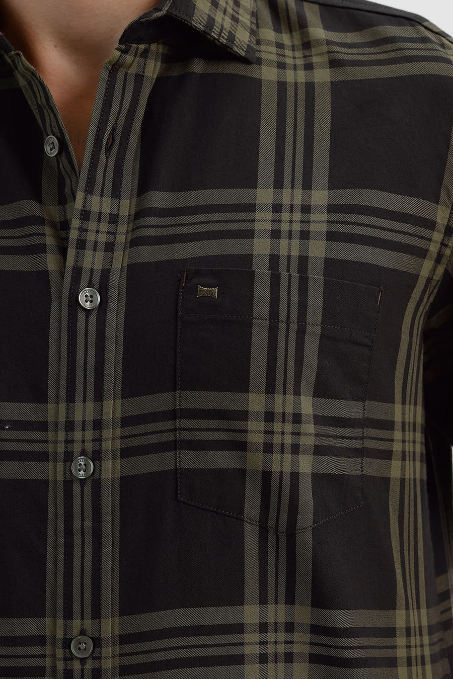 BASICS SLIM FIT PEAT GREEN COTTON TWILL CHECKS SHIRT