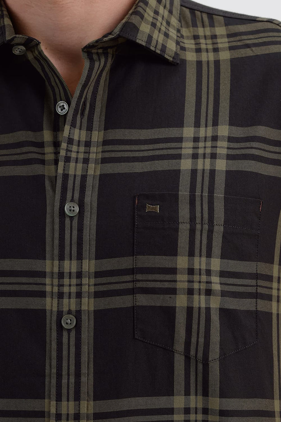 BASICS SLIM FIT PEAT GREEN COTTON TWILL CHECKS HALFSLEEVES SHIRT