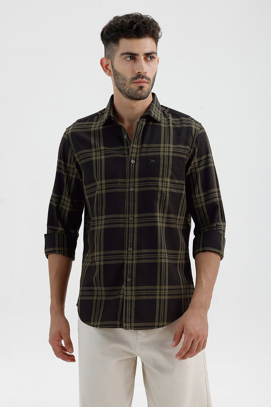 BASICS SLIM FIT PEAT GREEN COTTON TWILL CHECKS SHIRT
