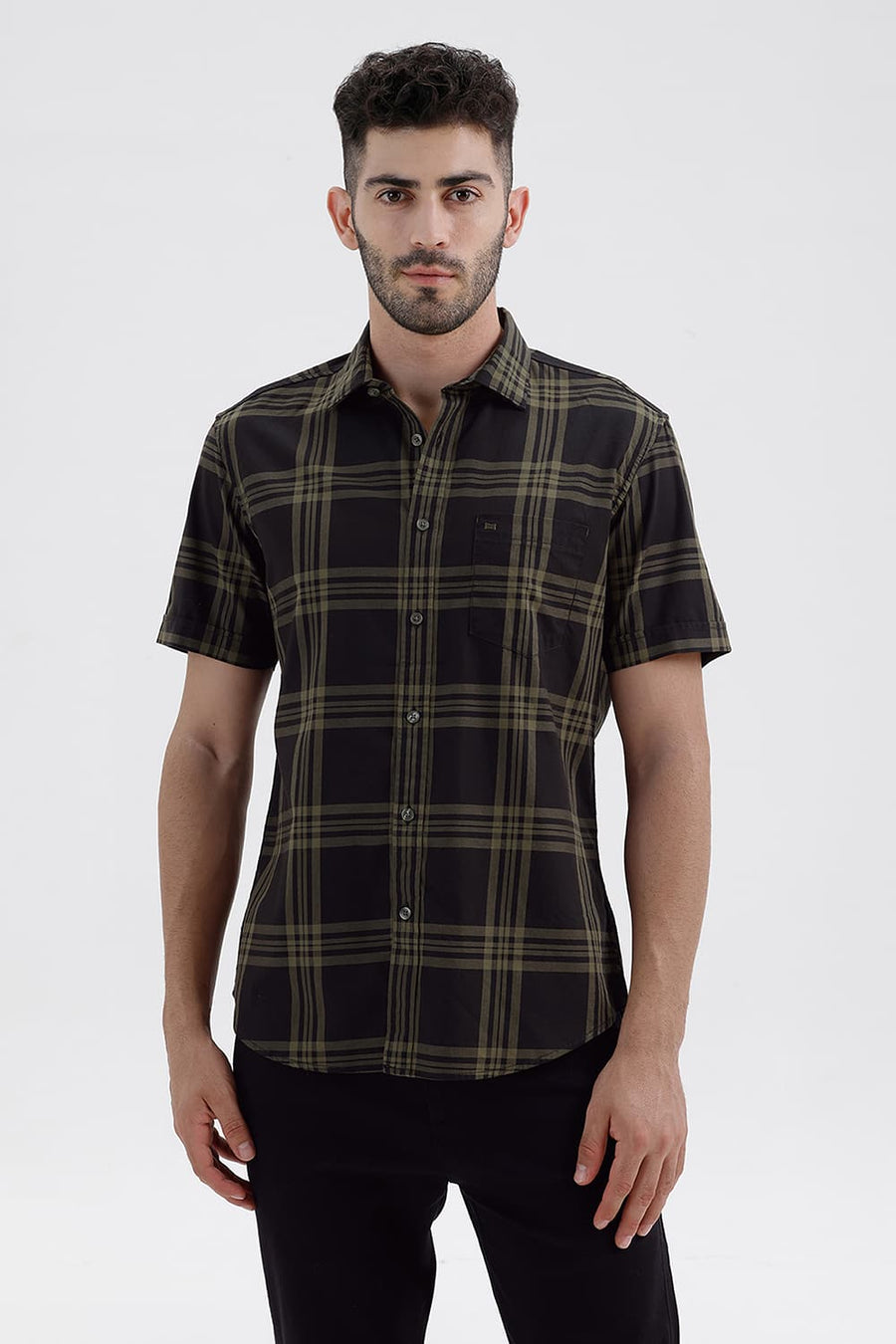 BASICS SLIM FIT PEAT GREEN COTTON TWILL CHECKS HALFSLEEVES SHIRT