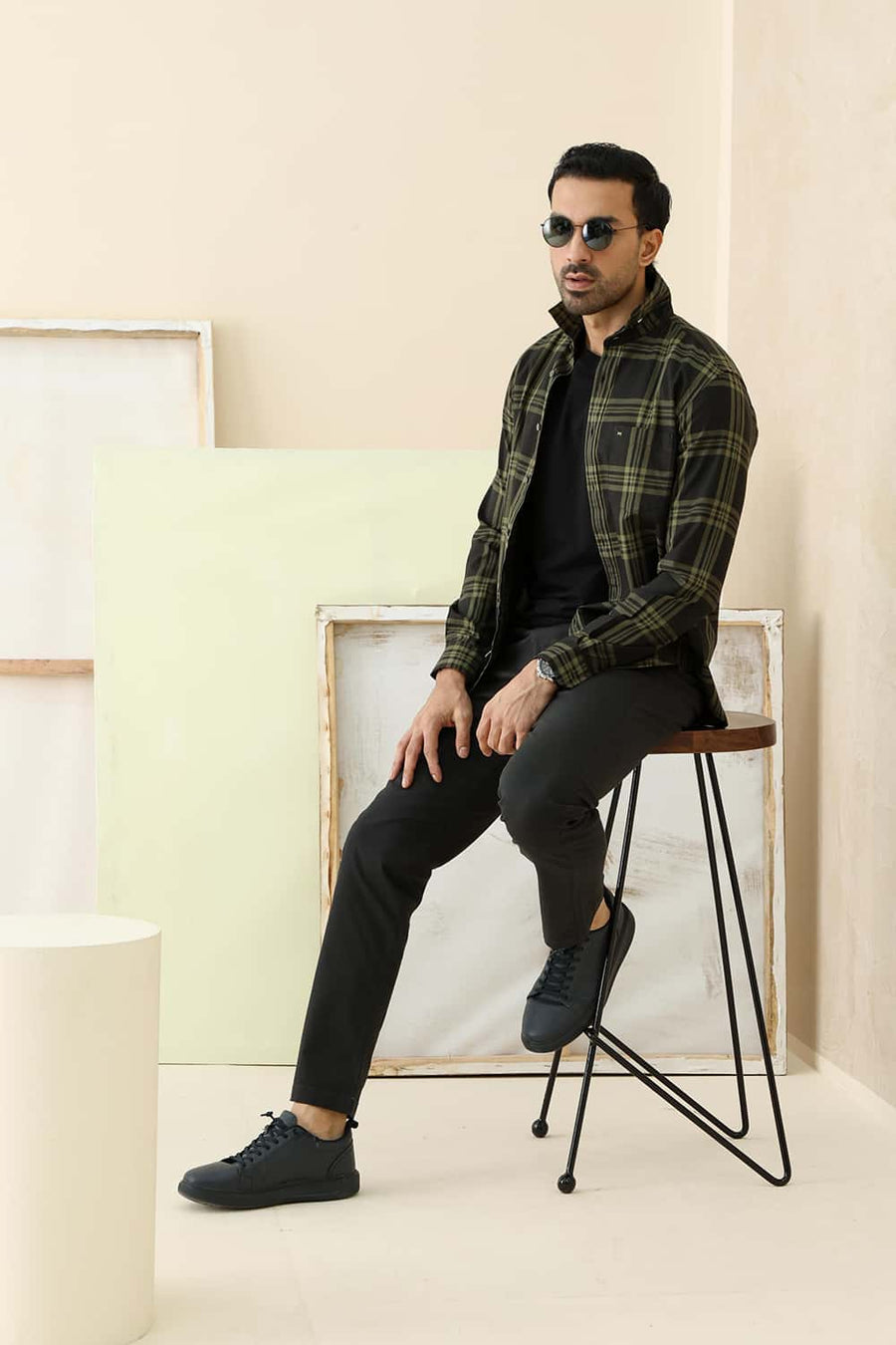 Basics Slim Fit Peat Green Cotton Twill Checks Shirt