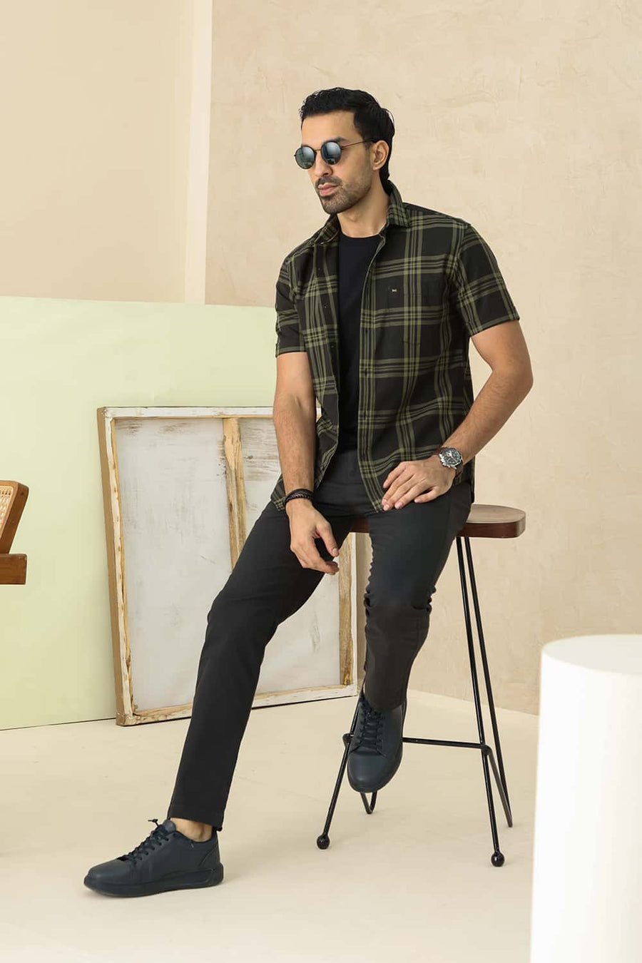 Basics Slim Fit Peat Green Cotton Twill Checks Halfsleeves Shirt