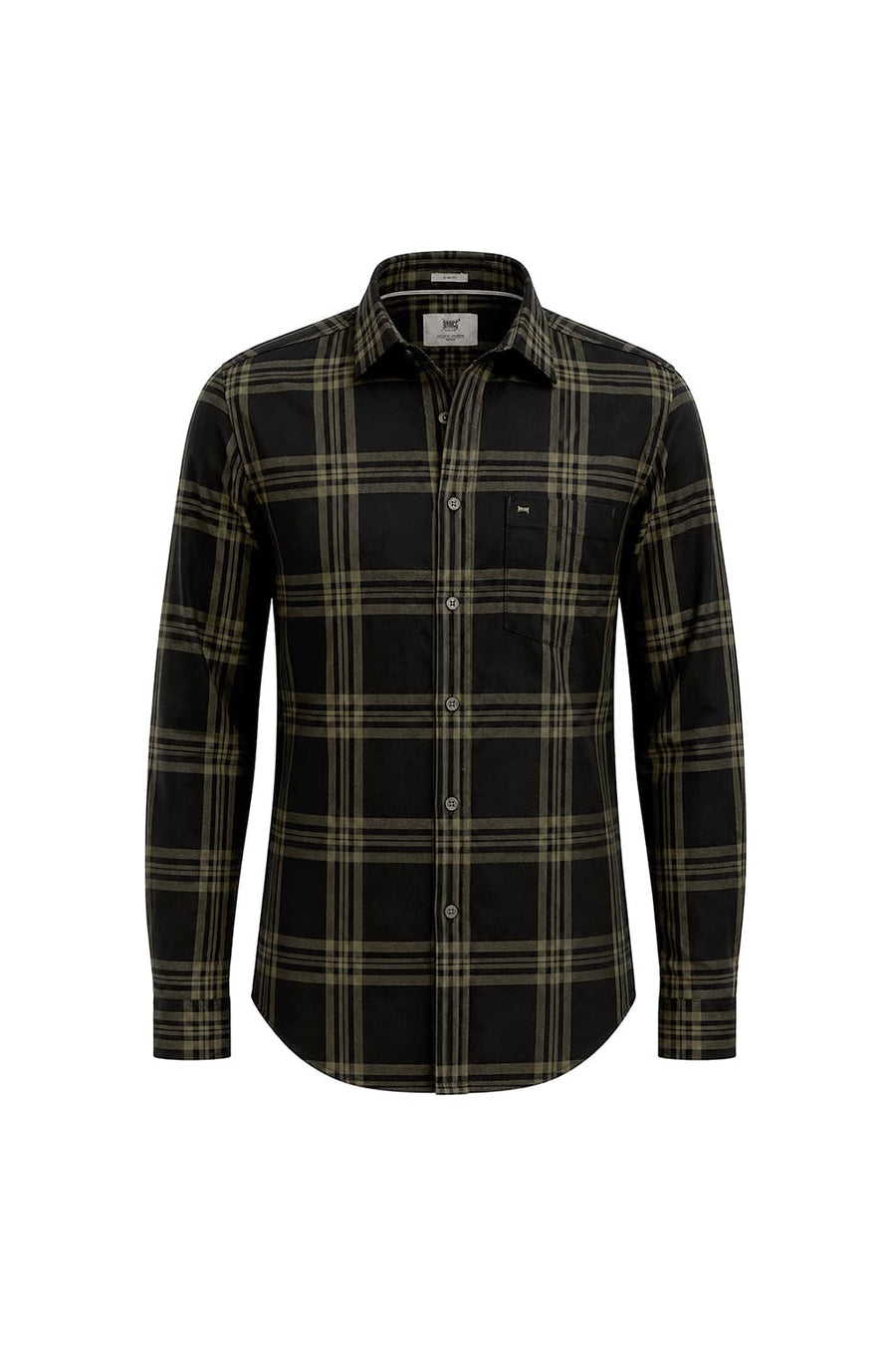 BASICS SLIM FIT PEAT GREEN COTTON TWILL CHECKS SHIRT