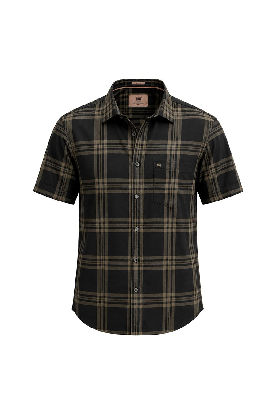 BASICS SLIM FIT PEAT GREEN COTTON TWILL CHECKS HALFSLEEVES SHIRT