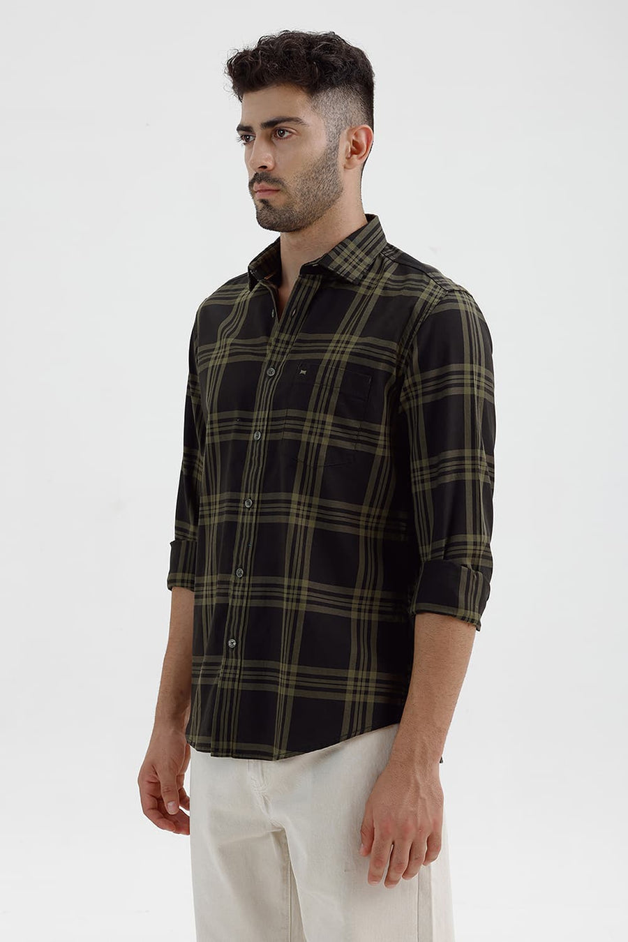 BASICS SLIM FIT PEAT GREEN COTTON TWILL CHECKS SHIRT