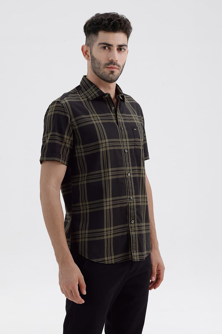 BASICS SLIM FIT PEAT GREEN COTTON TWILL CHECKS HALFSLEEVES SHIRT