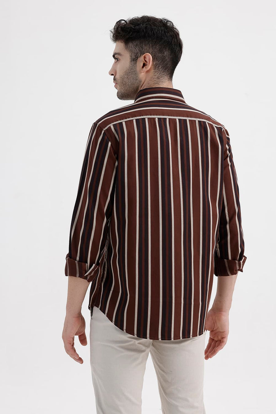 BASICS SLIM FIT MINK BROWN COTTON HERRING BONE STRIPE SHIRT